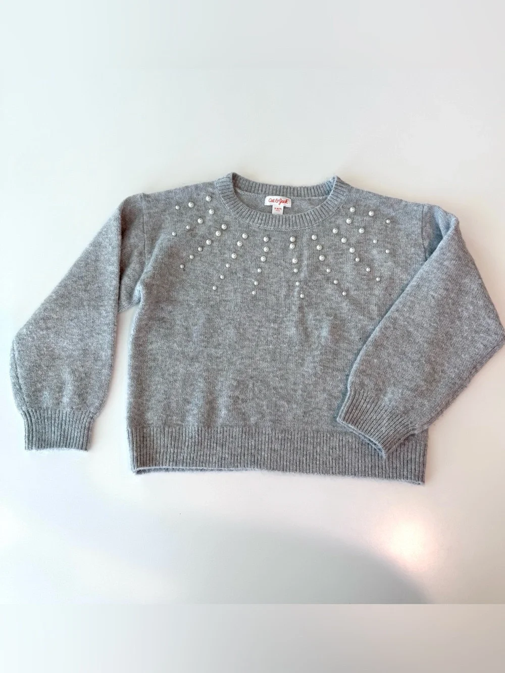 Cat & Jack Girls’ Gray Pearl-Embellished Crewneck Sweater, Size S (6-7)